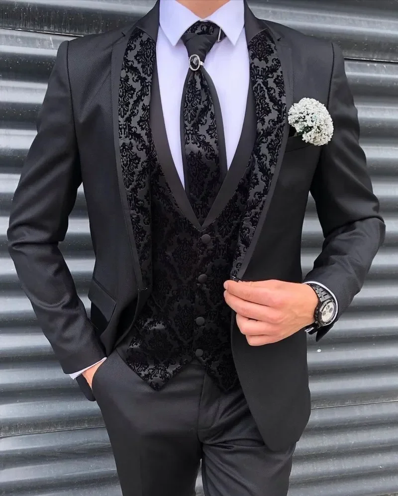 

Costume Homme Mariage Men's Suits Silm Black Groom Tuxedos Lace Notch Lapel Blazer Groomsmen Suits For Wedding Jacket+Vest+Pant