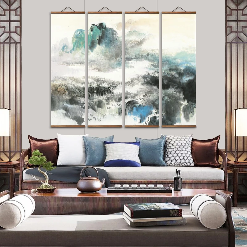 

Декоративный пейзаж в китайском стиле MT0073, настенные художественные плакаты на холсте, картины с прокруткой из массива дерева