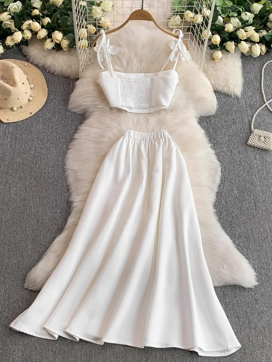 Foamlina White Chic 3D Floral Cropped Sexy Halter Top Camis & High Waist Satin Skirt Set Vacation 2 Piece Outfit for Women