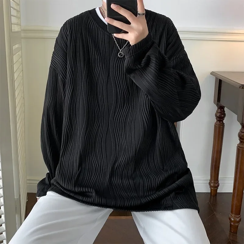 

Spring Autumn Round Neck Long Sleeve T-shirt For Men Korean Fashion Harajuku Solid Striped Baggy T-shirt Tops Y2k Streetwear