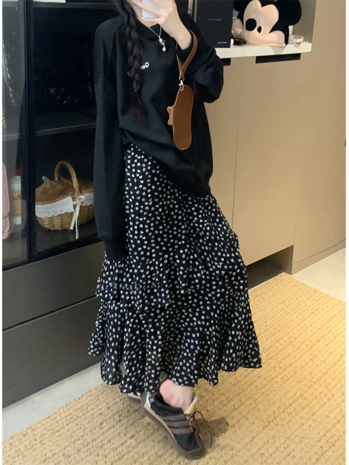 

plus Size Casual Sweatshirt And High Waist A-Line Skirt Two Piece Set for Women with Floral Print And Side Slits