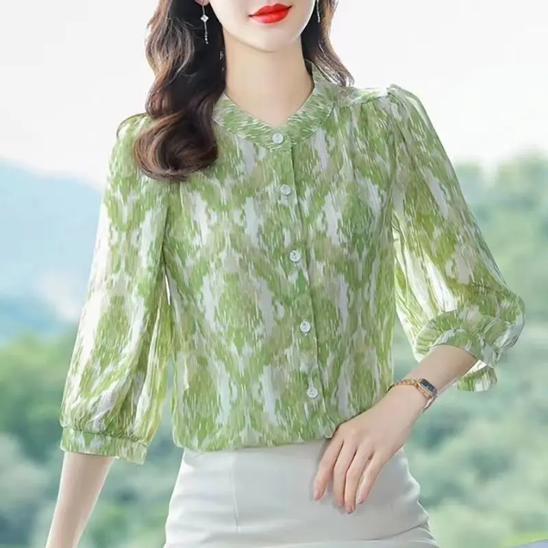 Women Floral Print Elegant Button Shirts Summer Korean Fashion Stand Collar 3/4 Sleeve Office Lady Blouse Chic Loose Tops Blusas