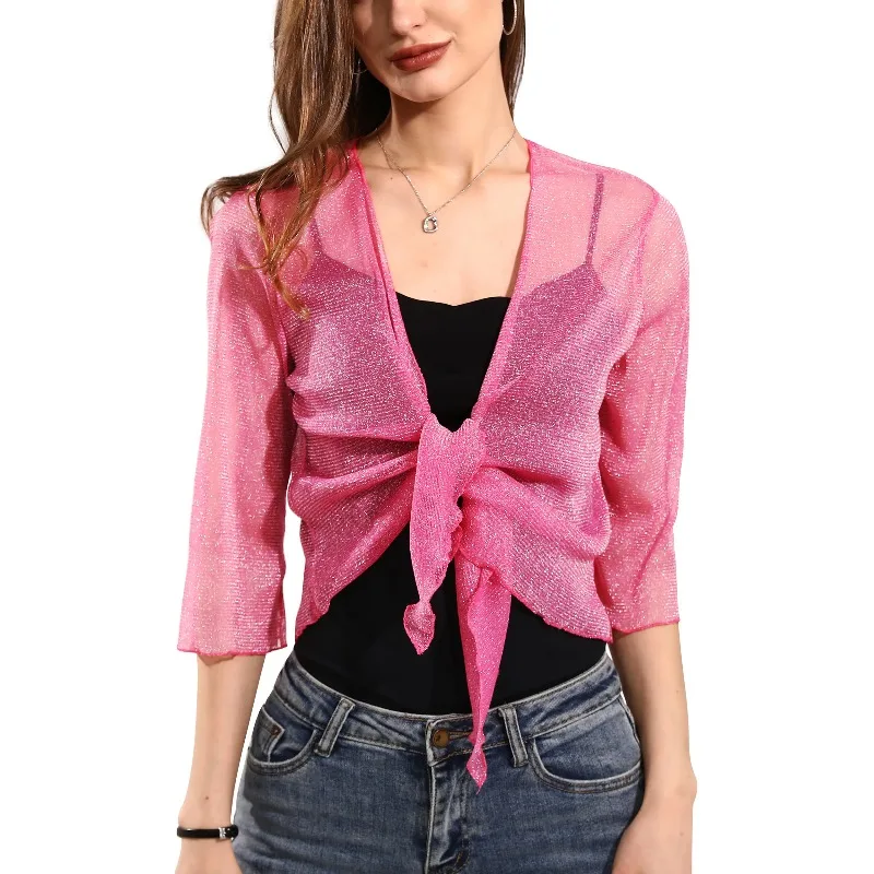 Coprispalle da donna trasparente lucido con cravatta, cardigan aperto sul davanti, top in maglia leggero sopra il cappotto per la medicazione quotidiana all'aperto per adulti