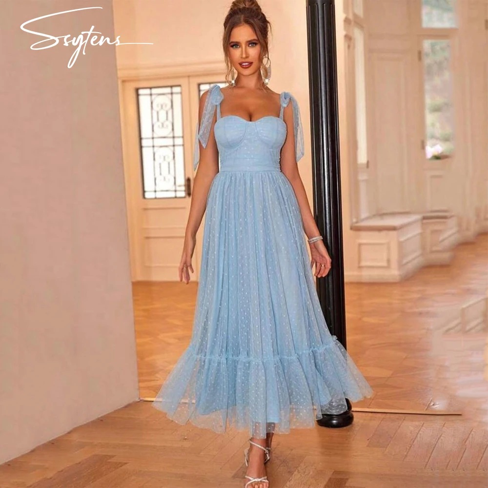 

Vintage A Line Blue Dots Tulle Prom Dresses Formal Occasion Gowns Spaghetti strap Guest Women Pink Wedding Party Bridesmaid Gown