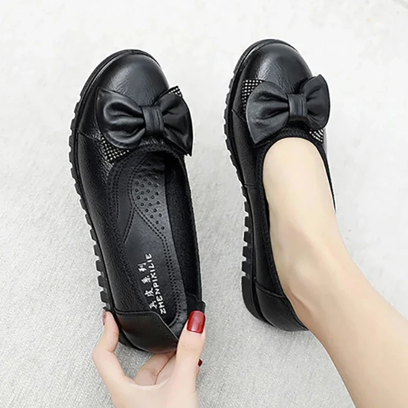 Woman\'s Flats Loafers Shoes Soft Genuine Leather Casual Shoes Big Size 35-42 Mocassin Boat Shoes for Women Hook Loop de mujer