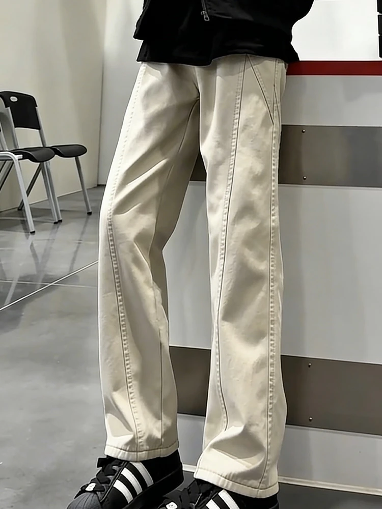 

Thiened Cotton Denim Jeans Men's Autumn Winter Straight Leg High Street Pure Color Workwear Trousers Knife Cut