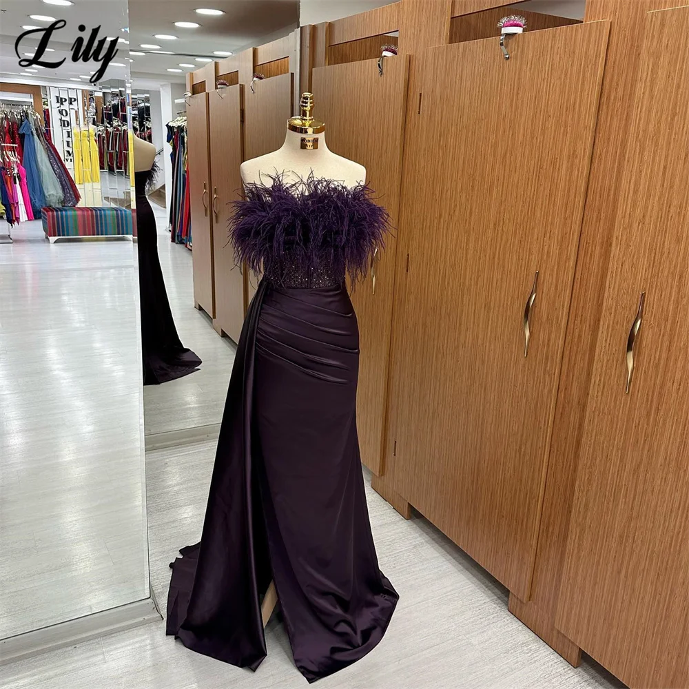 Lily Dark Purple Prom Dress Strapless Pleats Evening Dress With Feathers Beading Mermaid Satin Party Dress Side Split  프롬드레스