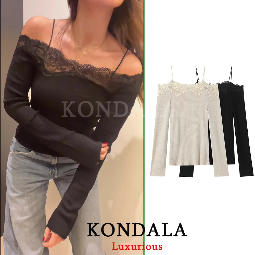 KONDALA Vintage Casual Chic Damen-Oberteil Einfarbig Schulterfrei Langarm Spitze Slim Tops Neue Mode 2026 Frühling Sommer Urlaub T-Shirt