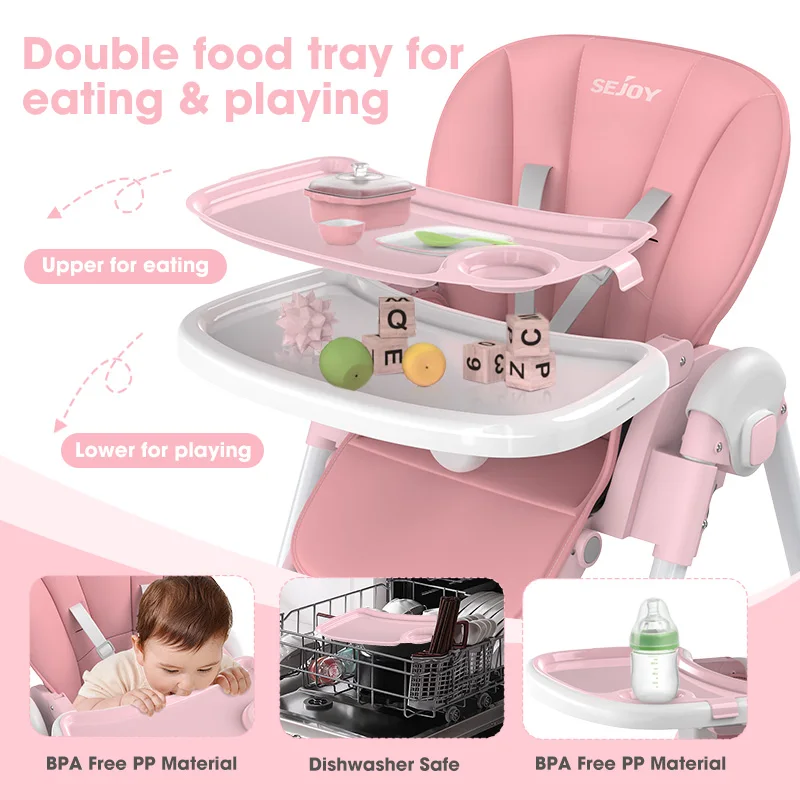 Sejoy Foldable High Chair for Baby Dining Table with Adjustable Backrest,Footrest,Tray,and Seat Height with wheel 6-36 Months