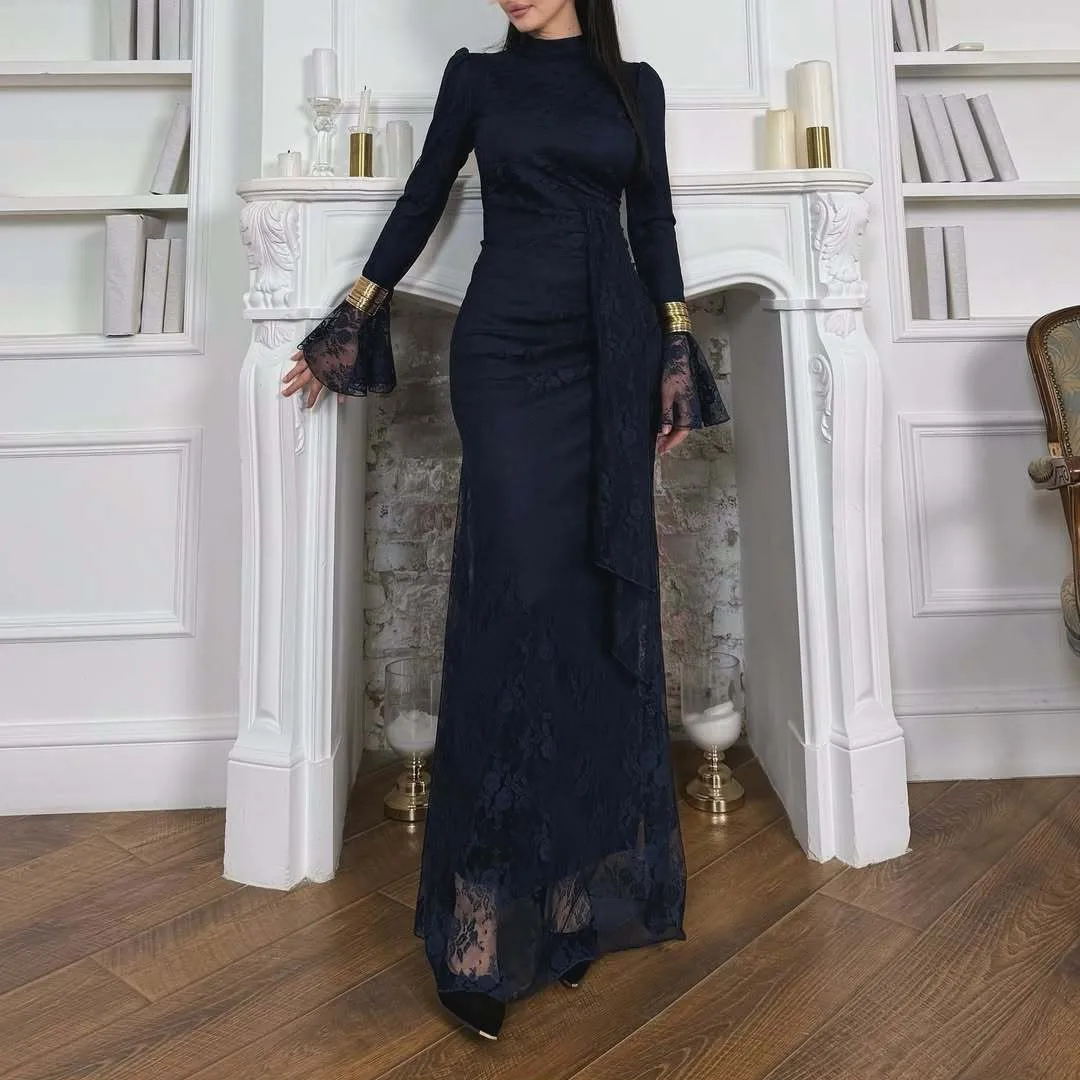Women's Elegant Lace Bodycon Dress Long Sleeve V Neck High Waist Slim Fit Solid Color for Wedding Guest Prom Party Wedding Party