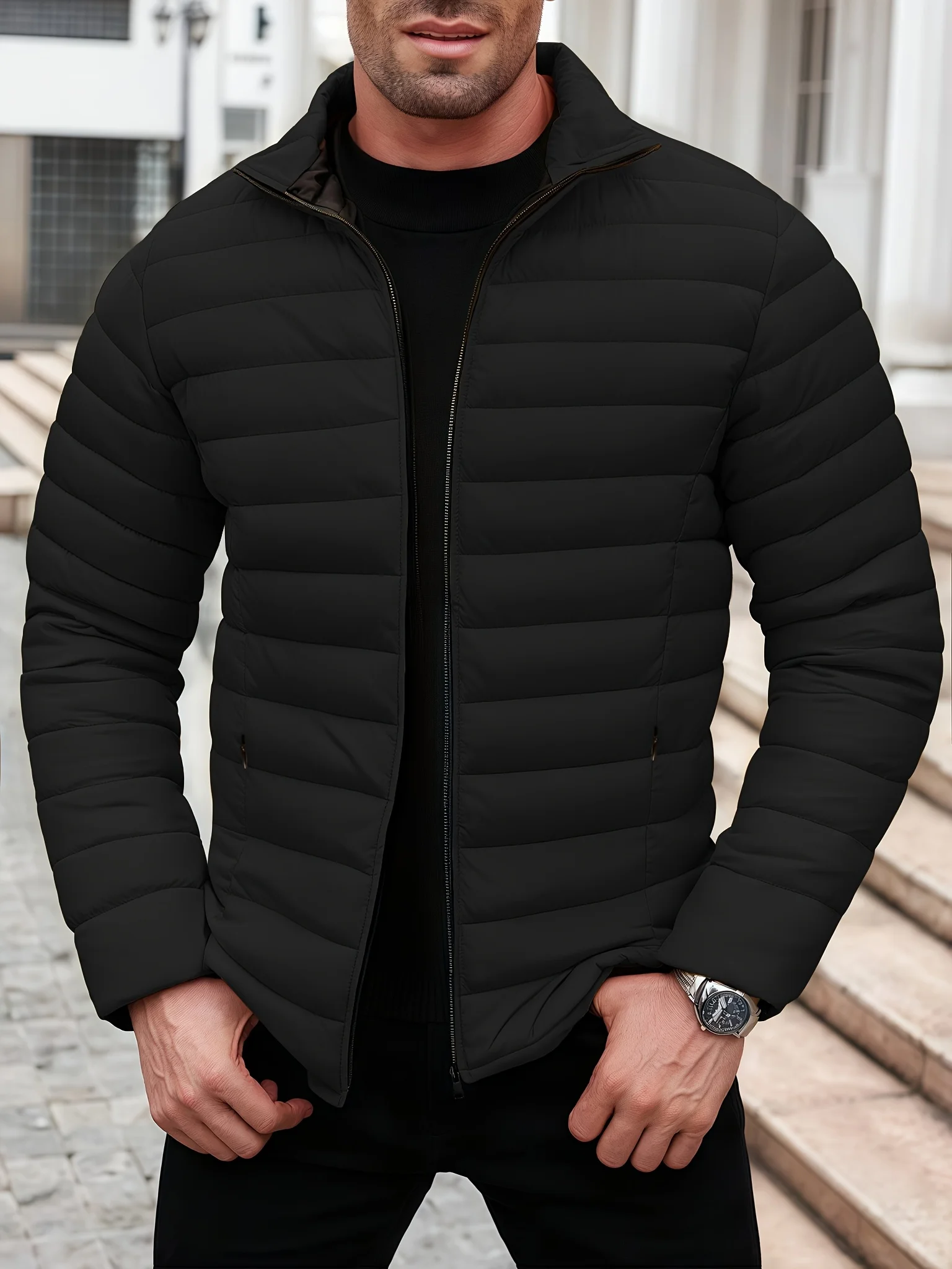Men Premium Coat Winter Solid Zip Up Stand Collar Padded Jacket Warm Comfortable Fashion Outdoor Leisure Casual Jacket