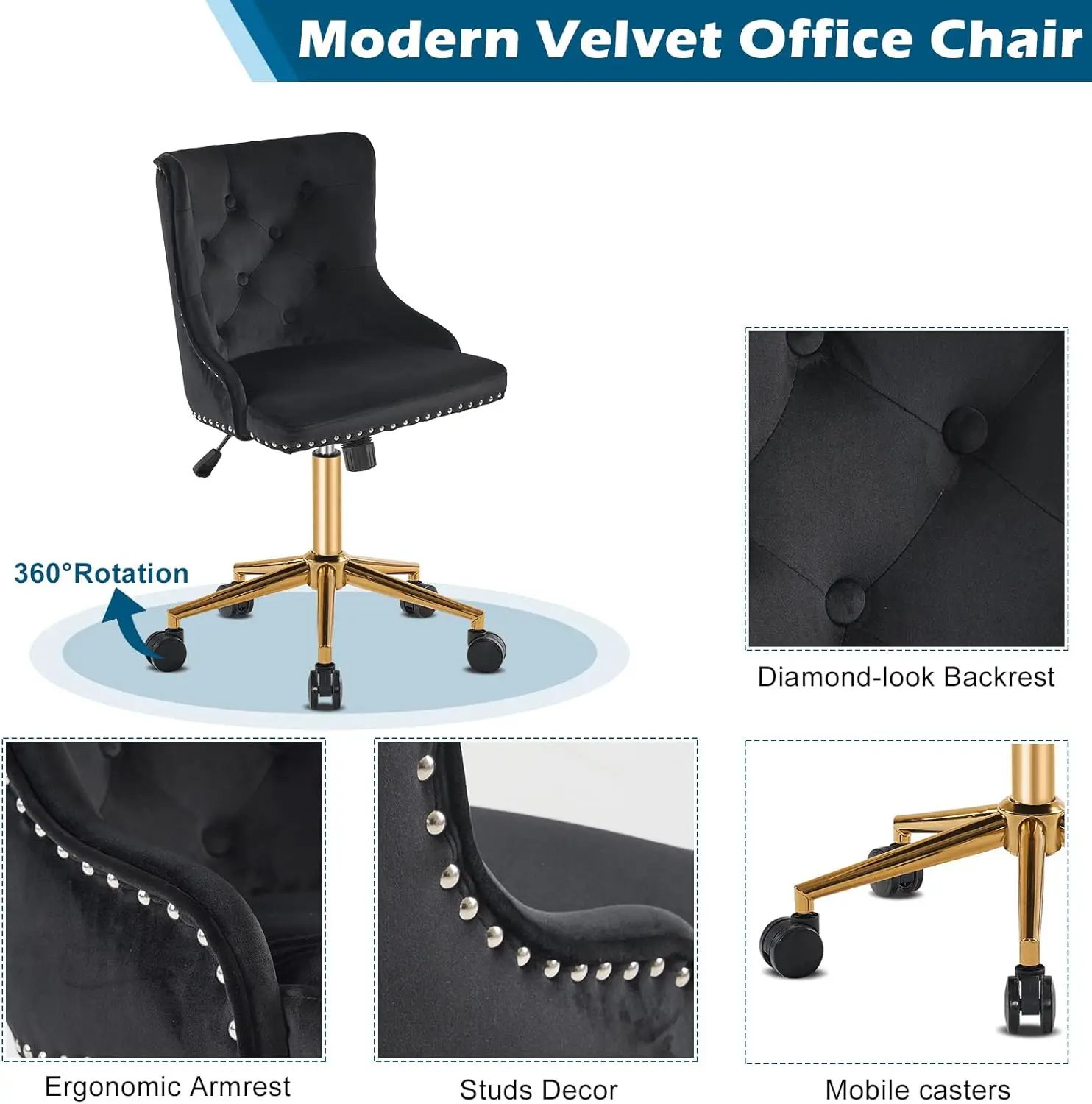 Black Velvet Armless Home Office Desk Chair with Gold Base/Wheels, Modern Small Rolling Task Accent Chair for Bedroom