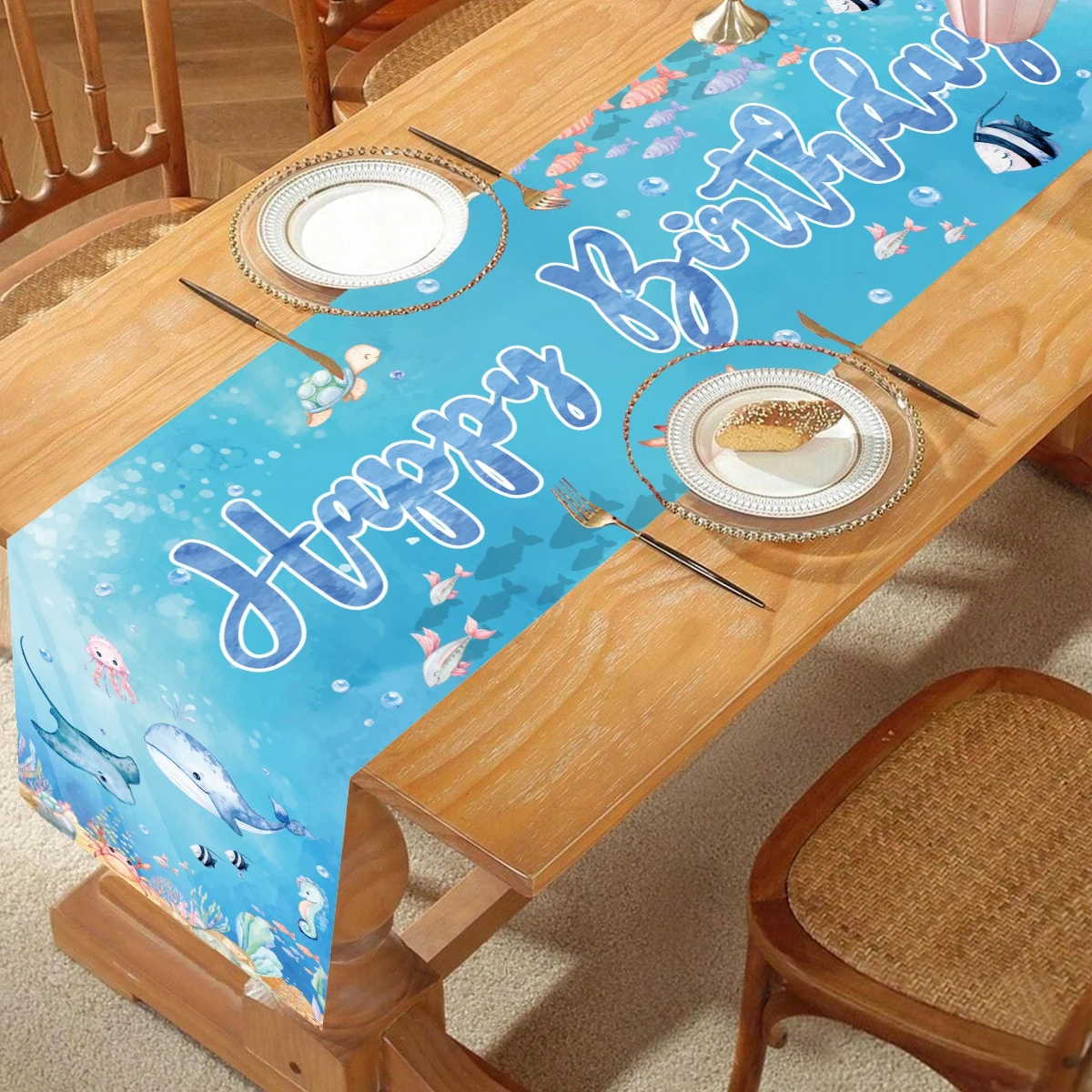 Sea Life Marine Animals Table Runner Happy Birthday Party Decorations Kids Favor Baby Shower Dining Table Home Party Supplies