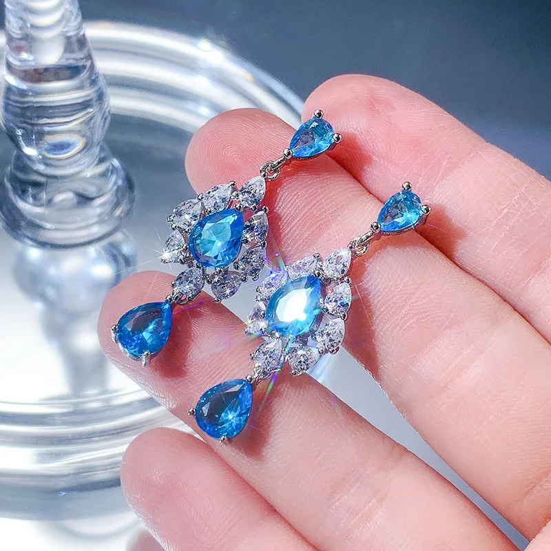 Fashion Temperament Long Water Drop Blue Zircon Eardrop Female Tide 925 Stamp Popular Bohemian Ear Accessories Gift