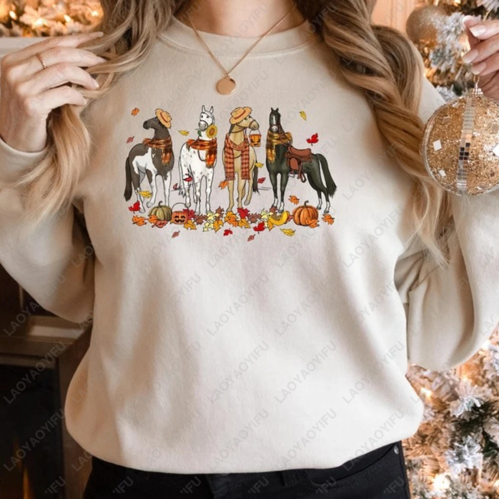 Lovely Scarf Four Horses Halloween Pumpkin Print Pattern Apparel Sportswear Unique Casual Hoodie Trending Unisex Funny Tops