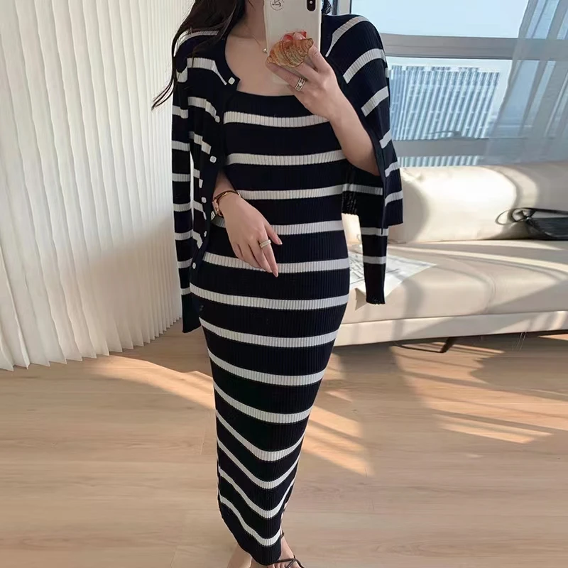

Sweet Hot Girl Chic Suit Women's Autumn/winter Strap Striped Knitted Dress Long-sleeved Cardigan Two-piece Set Female Clothes