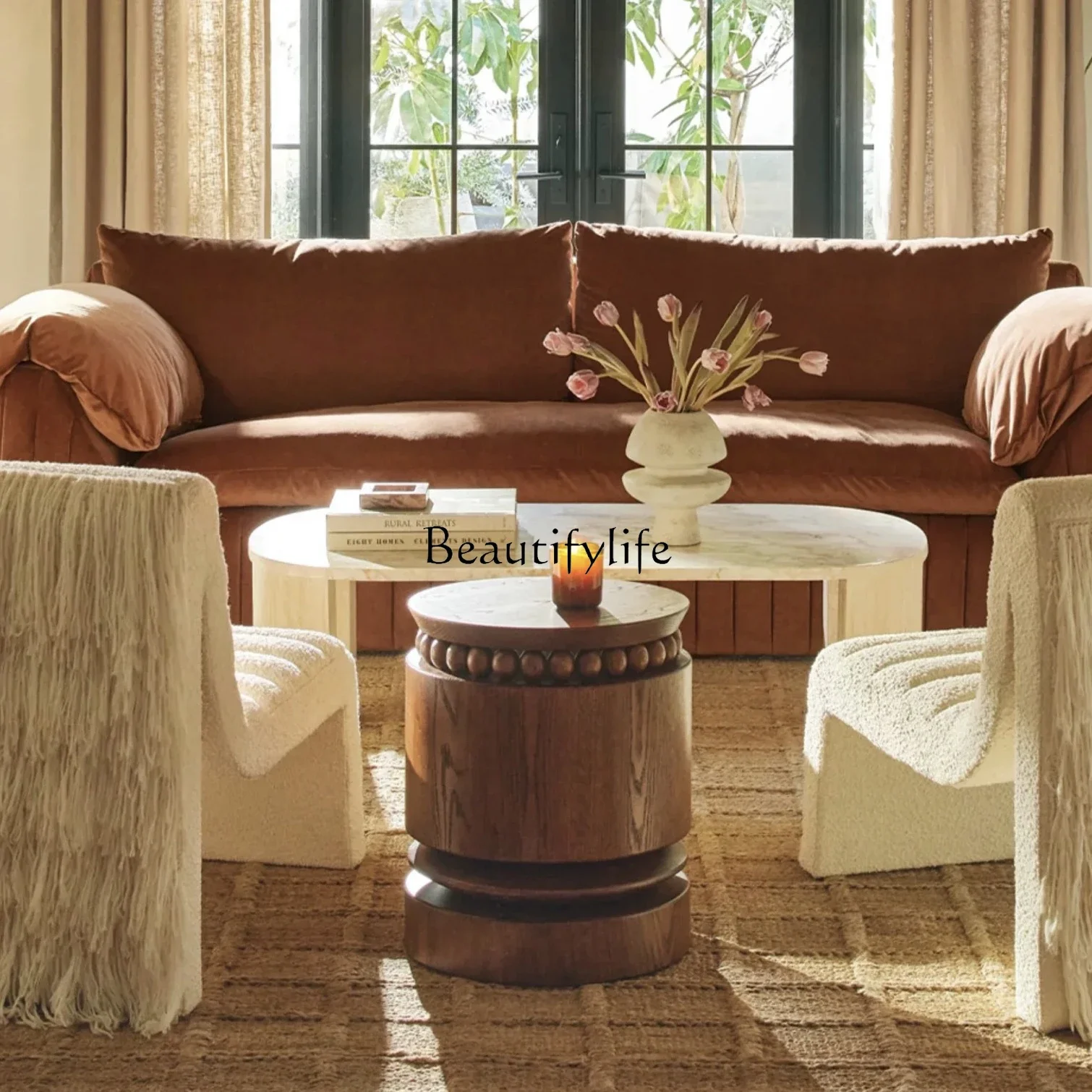 

02**Medieval edge few solid wood retro bedside table French style silent wind log color round coffee table