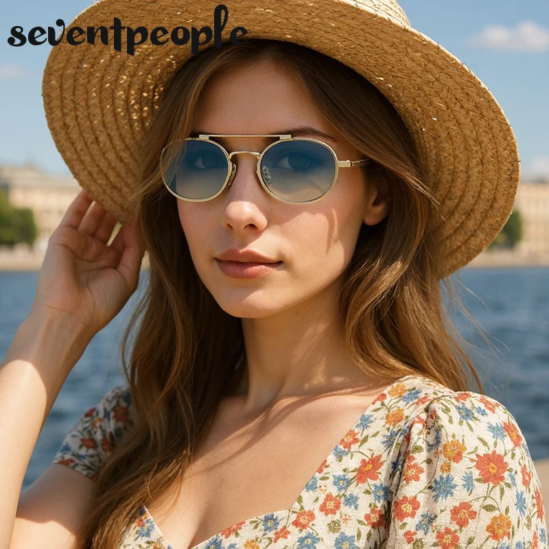 Small Oval Metal Frame Steampunk Sunglasses For Women 2025 Luxury Brand Vintage Double Beam Shades Classic Round Punk Eyewear image 6