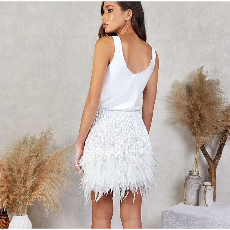 Y2k Sequins Feather Skirts Sets Outfit Women Sexy Sleeveless Tops Mini Skirt Two Piece Set Womens 2024 Summer Elegant Lady Suit