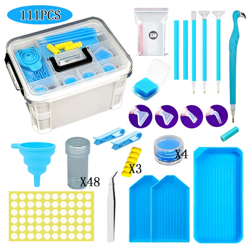 HOMFUN 111-Piece Diamond Painting Tools Kit with Plastic Storage Box, Trays, Bottles, Tweezers, Pens, Wax, Funnel Accessories