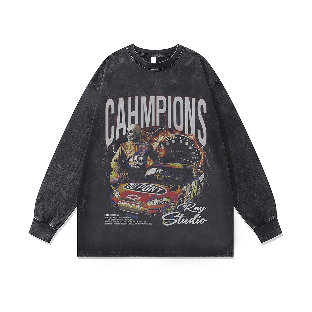 

Skulls Racing Print Distressed Oversized Sweatshirts Streetwear Unisex T-shirt Goth Men's Hoodie Y2k Vintage Clothes Cotton Top