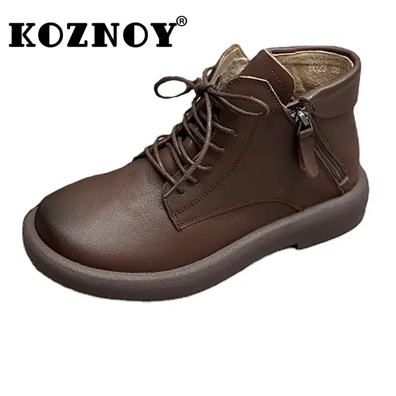 Koznoy 3cm Natural Cow Genuine Leather Ankle Boots Spring Autumn Moccasins Retro Women Ethnic Flats Fashion Ladies Comfy Shoes