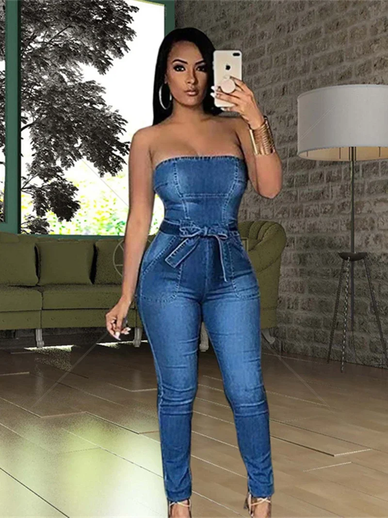 Sexy Strapless Denim Jumpsuit for Women Summer Clothes Sleeveless Bodycon Jean Pants Rompers Playsuits One Piece Overalls Outfit