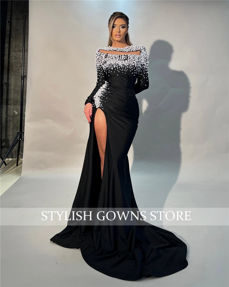 Middle East Boat Neck Evening Dresses For Black Girls Bead Birthday Party Gowns High Slit Long Prom Dress Robe De Bal Customized