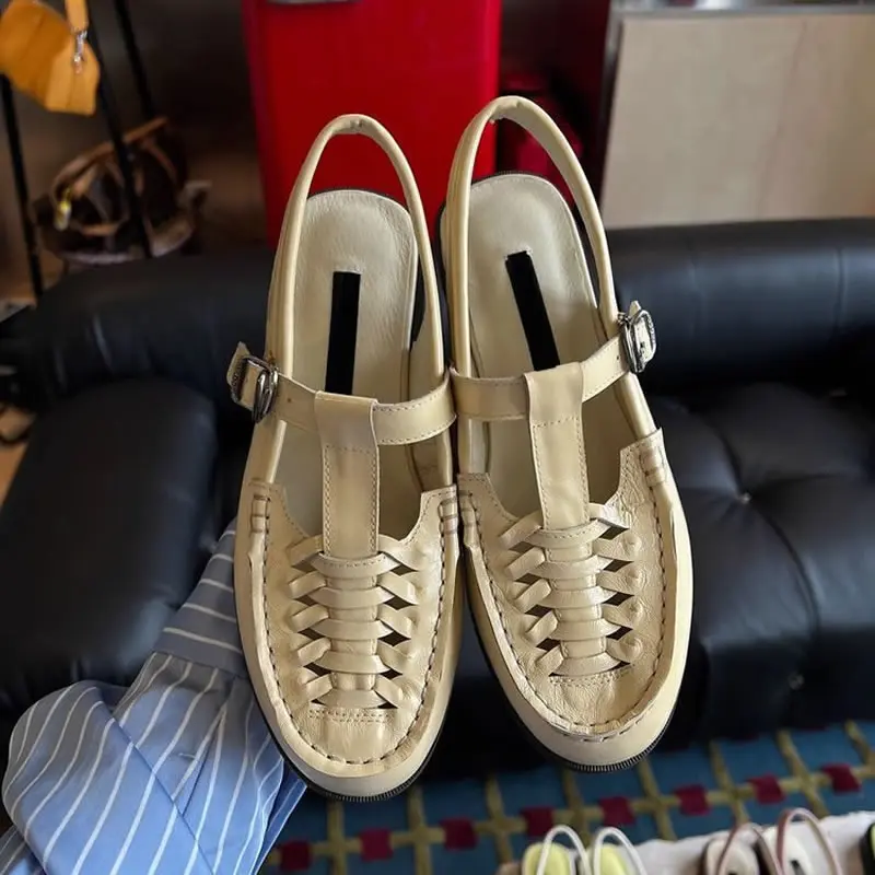 Ladies Slingback Retro Handmade Sandals Female Breathable Leather Low Heel Shoes Summer Versatile Solid Soft Sole Women Zapato