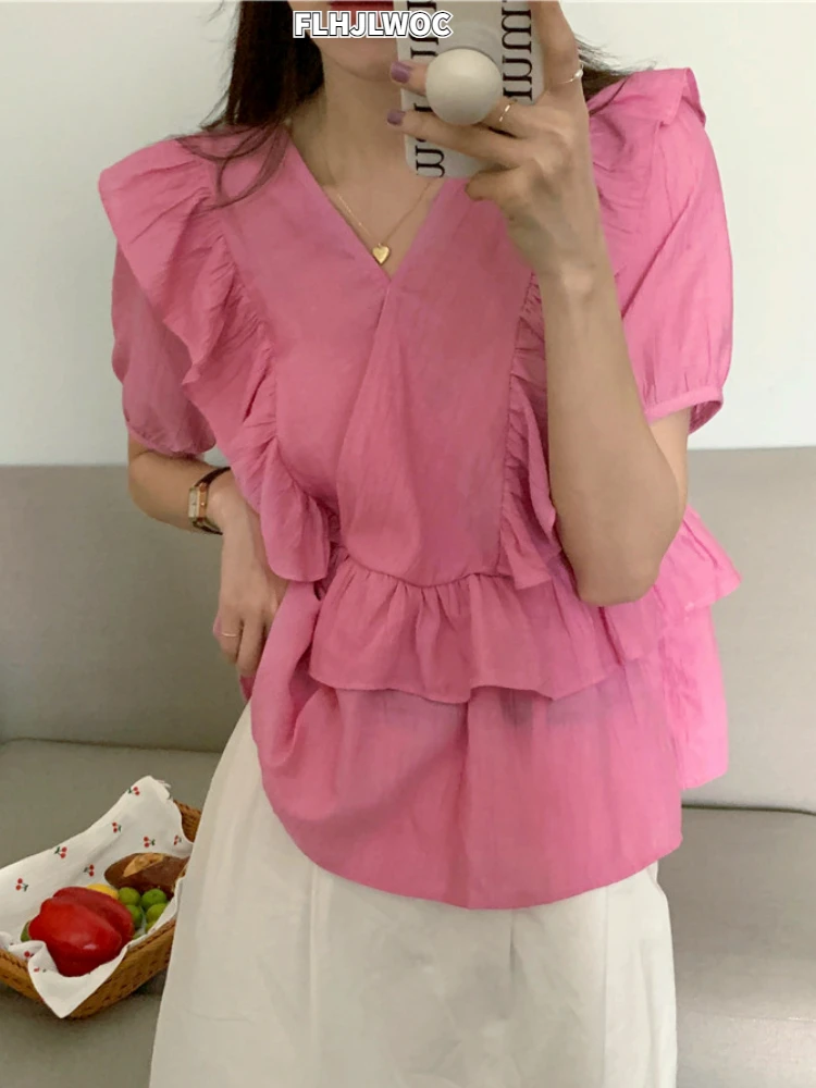 Cute Japan Korean Style Design Clothes 2022 Summer V Neck Solid Semi Transparent Women Peplum Tops Short Blusas