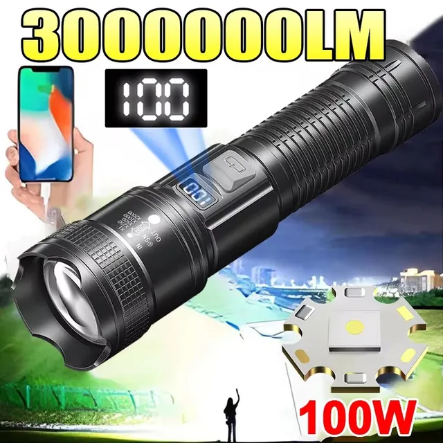 Latarki LED o dużej mocy 300000 Latarka taktyczna LM z wyświetlaczem i ładowaniem USB Camping Fishing Defensa Zoom Lantern