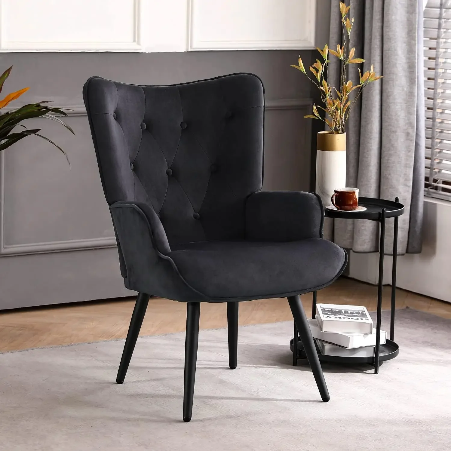 Velvet Accent Chair Modern Upholstered Side Armchair with Tapered Legs Tufted Button Wingback Sofa Chairs Tall Back