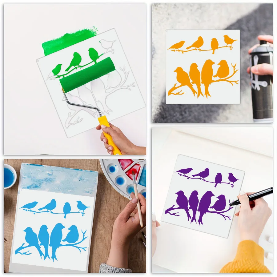 1 قطعة كبيرة 11.8x11.8 بوصة قابلة لإعادة الاستخدام البلاستيك الطيور على فرع ورقة صورة ظلية قالب للخشب اللوحة الطنان أداة ديكور المنزل