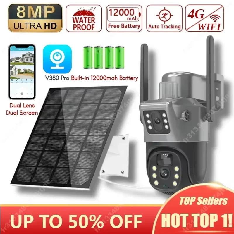 4K 8MP 4G/WIFI Dual Lens PTZ Solar Camera Dual Screens PIR Human Tracking WIFI Security CCTV Surveillance IP Camera Outdoor