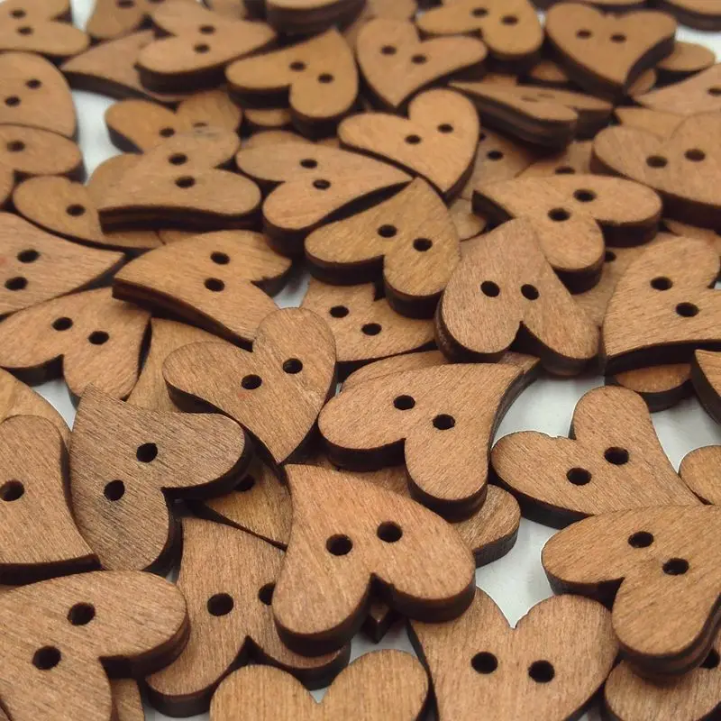 Wooden retro brown peach heart buttons, painted love decorative sewing wooden buttons 100 in a pack