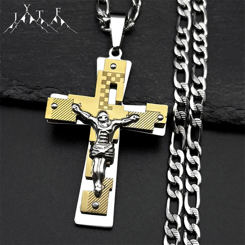 

Christian Cross Jesus Stainless Steel Pendant Necklace for Women Men Gold Silver Color Crucifix Rosary Chain Party Jewelry Gift