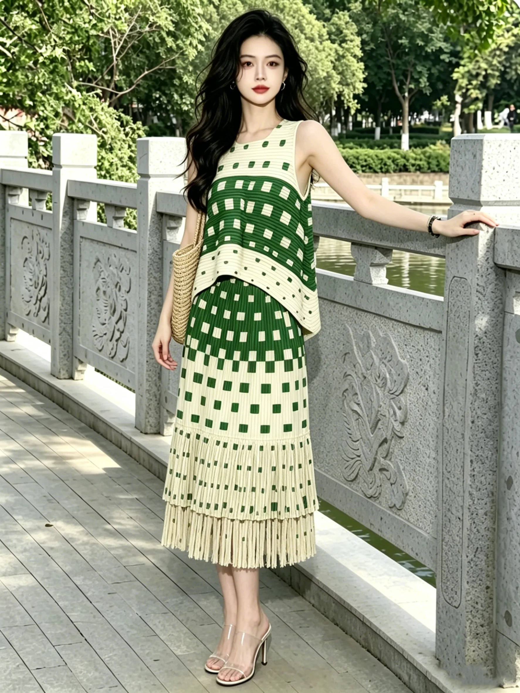 

Three-Panel Wind-Generated Vintage Geometric Tassel Half-length Women's Midi Skirt Slimming Gored Skirt Green Patchwork