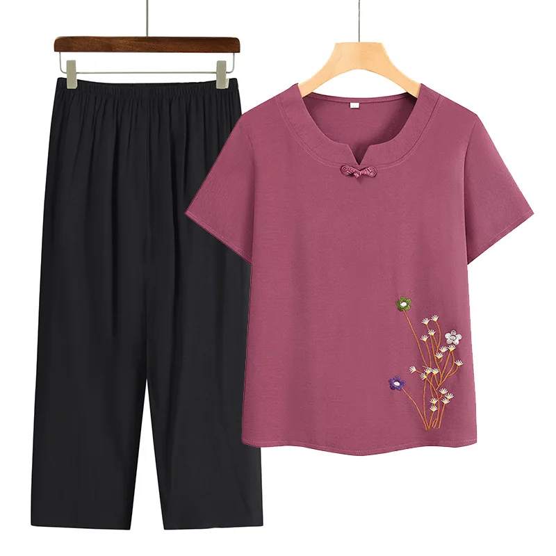 Conjunto pijama gola redonda para mãe de meia idade, roupa de duas peças, pijama roxo para mulher, mãe de meia idade, fivela, avó, roupa exterior, verão