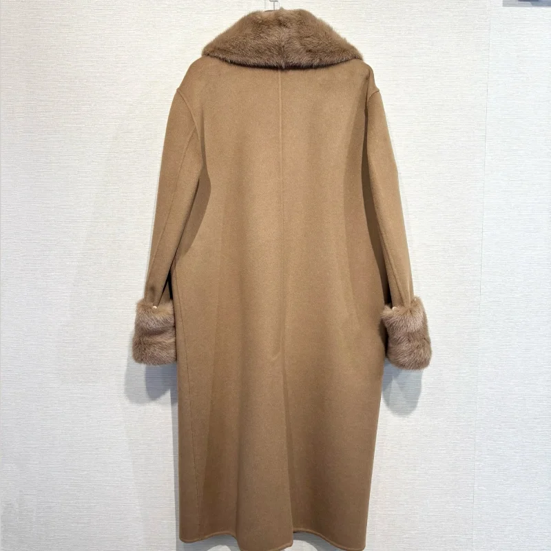 2026 FW Women Mink Fur Collar Cuffed Sleeves Double Face Cashmere Long Coat Camel Flap Pockets Warm and Elegant Outerwear