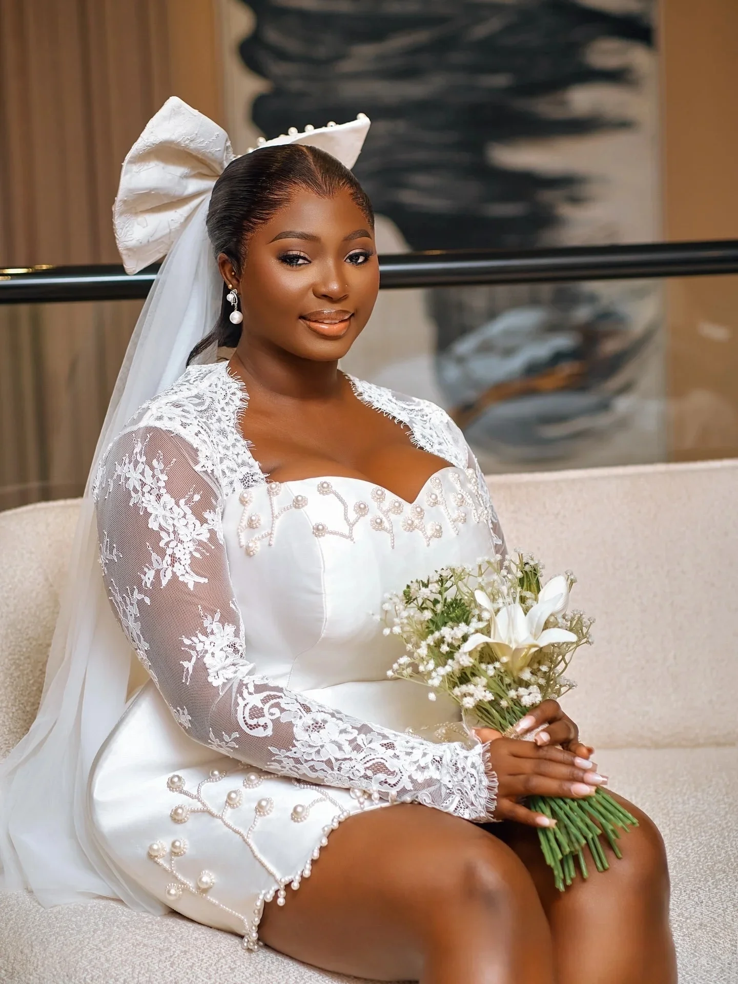 Mini Short Sparkling Pearl Lace Women's Wedding Dress Sexy Sweetheart Long Sleeve African Plus Size Ball Bridal Dress Customized