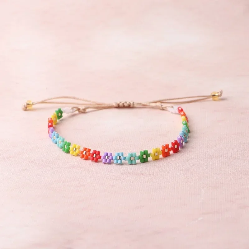 Rice bead bracelet Flower Rainbow Bohemia Hand knitting Originality Design Gradient Adjustable Fashion Simple Beaded bracelet