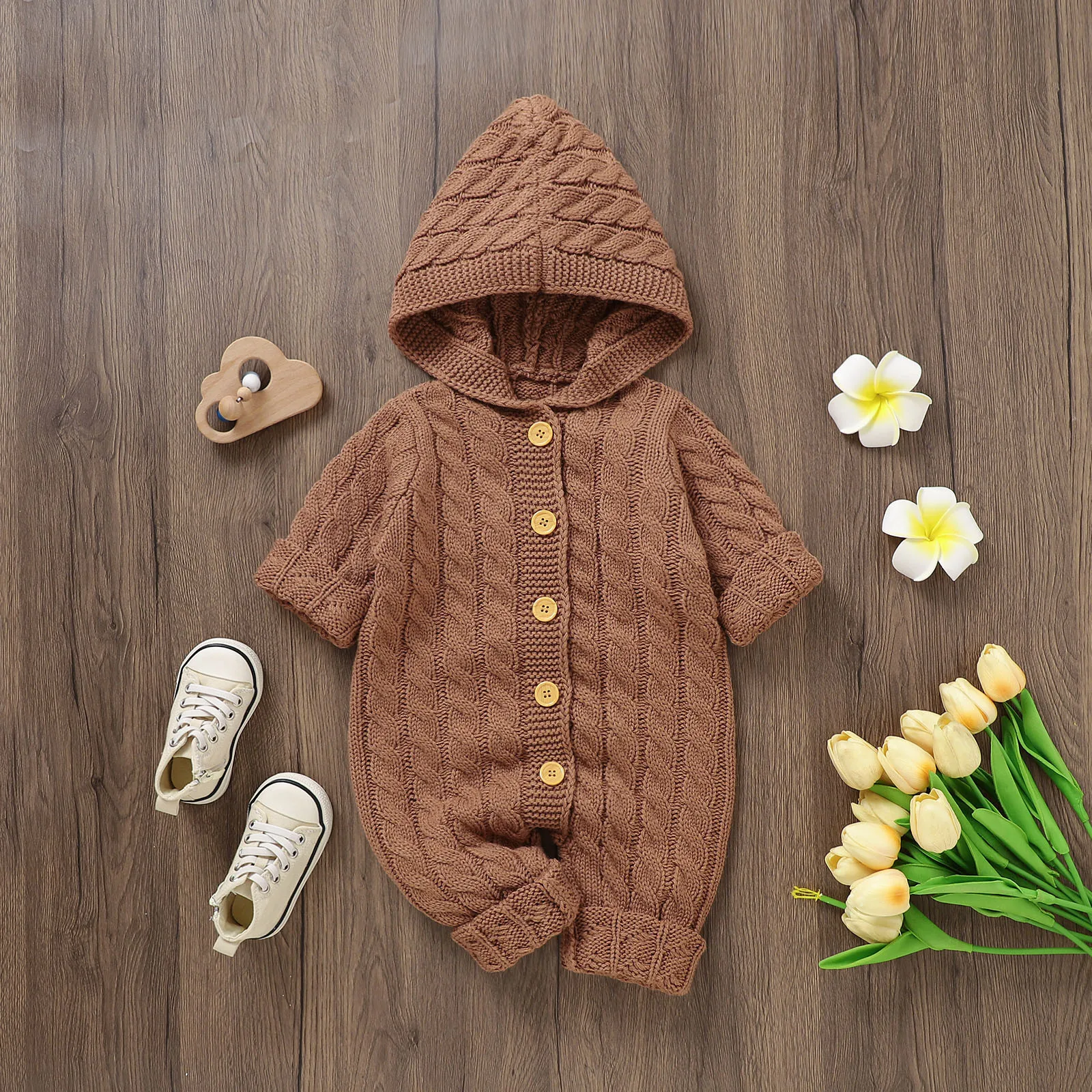 3 6 18 24 Months Newborn Baby Knitted Sweater Jumpsuits Soft Warm Romper Boys Girls Cute Hooded Bear Ear Jumpsuits Jackets