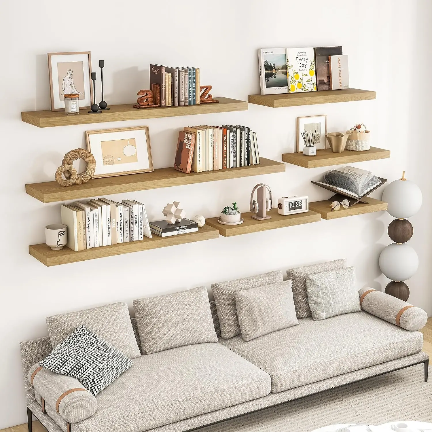 Floating Wall Shelves Storage Organizer Display Rack Set For Living Room Bedroom Kitchen Bathroom, Wall Mounted Wooden Ledge Bookshelf With Invisible Brackets, Rustic Style, Oak, 2 Pieces