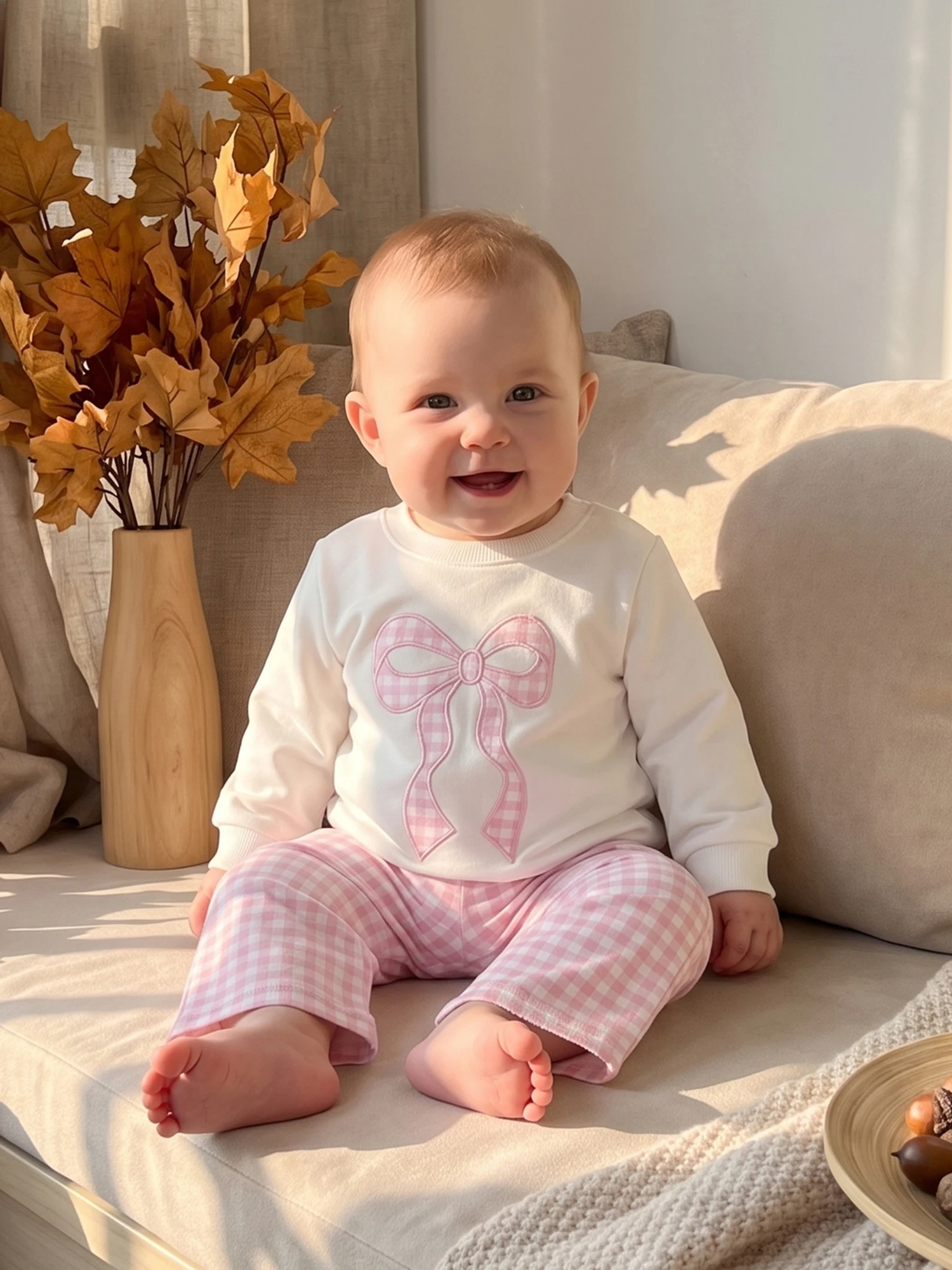 Plaid Bow Embroidery Pants Long Plaid Bow Outfits-Plaid Toddler Girl Fall Girl Fall Outfits Bow Embroidery