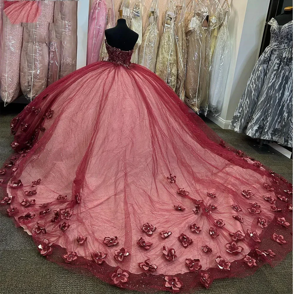 Sweetheart Ball Gown Quinceanera Dresses Tulle Vestidos De 15 16 Años Quinceañeras Burgundy Sweet 16 Dress for Juniors