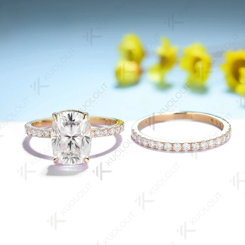 Unbranded Women Elongated Cushion Cut Moissanite Ring Set Solid Yellow Gold Band Available In 10K 14K(585) 18K Fine Bridal Jewelry Engagement Wedding Party Anniversary Birthday Gift For Bride Her view 5