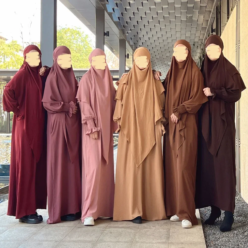 

Ramadan 2 Piece Kaftan Long Khimar Set Abaya Hooded Muslim Women Prayer Garment Full Cover Dubai Saudi Dress Eid Niqab Arab Gown