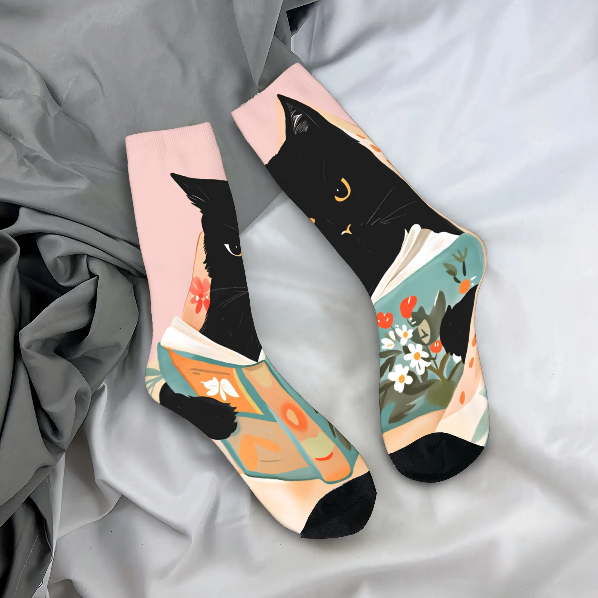 

Whimsical Reading Cat Socks Vintage Stockings Autumn Non-Slip Men Socks Medium Soft Design Cycling Socks