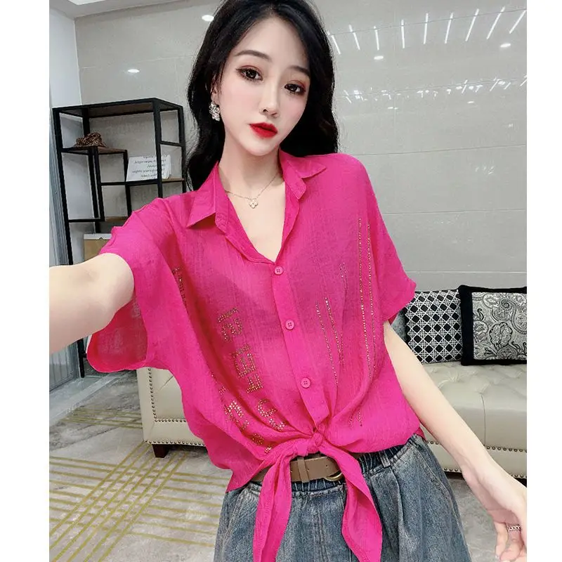 2024 Summer Women\'s New Hot Diamond Shirt Thin Short Sleeve Fashionable Loose Western Style Top Trendy