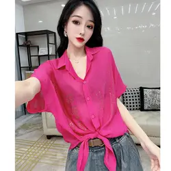 2024 Summer Women's New Hot Diamond Shirt Thin Short Sleeve Fashionable Loose Western Style Top Trendy